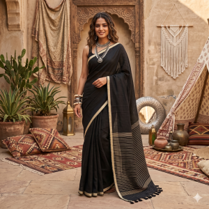 Black Pure Linen Saree