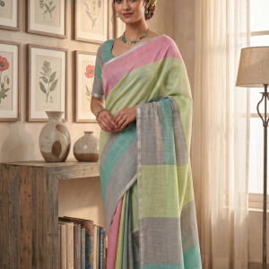 Multicolor Checks Pure Linen Saree