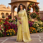 Yellow Pure Linen Saree with Stripes