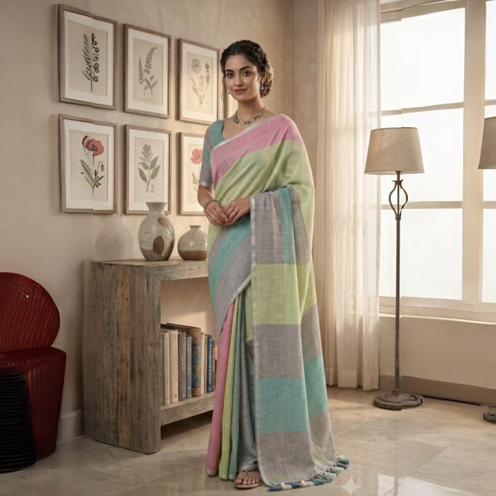 Multicolor Checks Pure Linen Saree