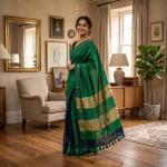 Half Blue and Half Green Pure Linen Saree