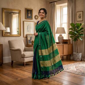 Half Blue and Half Green Pure Linen Saree