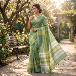 Green Pure Linen Saree with Contrast Yellow Stripes