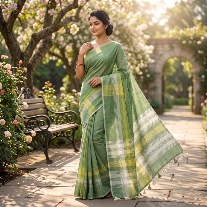 Green Pure Linen Saree with Contrast Yellow Stripes